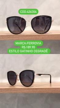 Óculos de Sol Feminino Gatinho Preto Polarizado Lente Degradê Acetato e Metal Ferrovia 436304