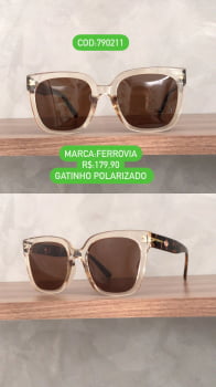 Óculos de Sol Feminino Gatinho Translúcido Polarizado Rajado em Acetato Lente Marrom Ferrovia 790211