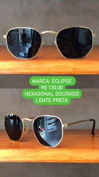 Óculos de Sol Eclipse Dourado Hexagonal Metal Lente Preta UV400