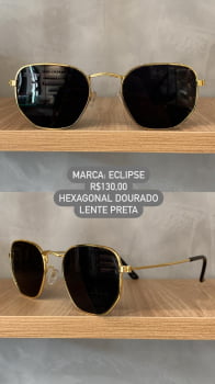 Óculos de Sol Eclipse Dourado Hexagonal Metal Lente Preta UV400