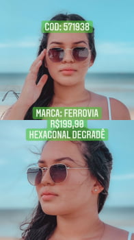 Óculos de Sol Feminino Hexagonal Feminino Rosé com Lente Degradê Metal Ferrovia 571938
