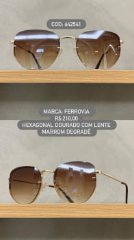 Óculos de Sol Feminino Dourado Hexagonal Ferrovia Lente Marrom Degrade 642541