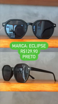 Óculos de Sol Feminino Hexagonal Preto Acetato Lente Preta Eclipse A56055