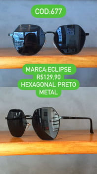 Óculos de Sol Feminino  Hexagonal  Preto Metal Lente Preta Eclipse 677