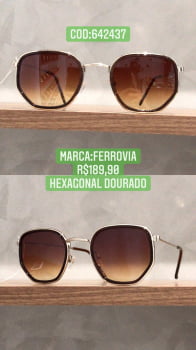 Óculos de Sol Feminino Hexagonal Retrô Dourado Com Lente Degrade Ferrovia - 642437