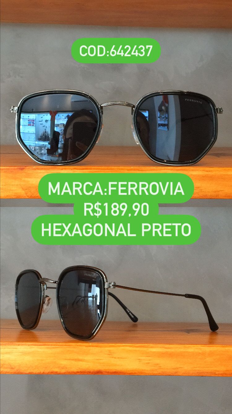 Óculos de Sol Ferrovia Feminino Hexagonal Retrô Chumbo Com Lente Preta Metal - 642437