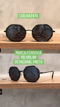 Óculos de Sol Feminino Octogóno Retrô Preto e com Lente Preta Metal Ferrovia 642474