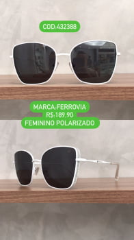 Óculos de Sol Ferrovia Feminino Polarizado Gatinho Branco com Glitter na Lateral e Lente Preta 432688 