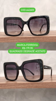 Óculos de Sol Feminino Quadrado em Acetato Preto com Detalhe Dourado Lente Degradê Ferrovia 642603