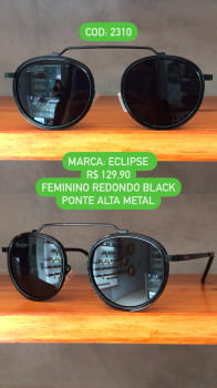 Óculos de Sol Eclipse Preto Esmaltado Redondo Metal com Lente Preta e Ponte Alta 2310