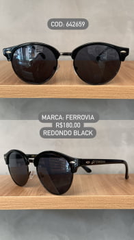 Óculos de Sol Ferrovia Preto e Chumbo Esmaltado Redondo Lente Preta Acetato e Metal 642659