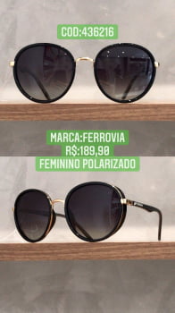 Óculos de Sol Feminino Redondo Preto com Dourado Polarizado com Lente Preta Ferrovia 436216