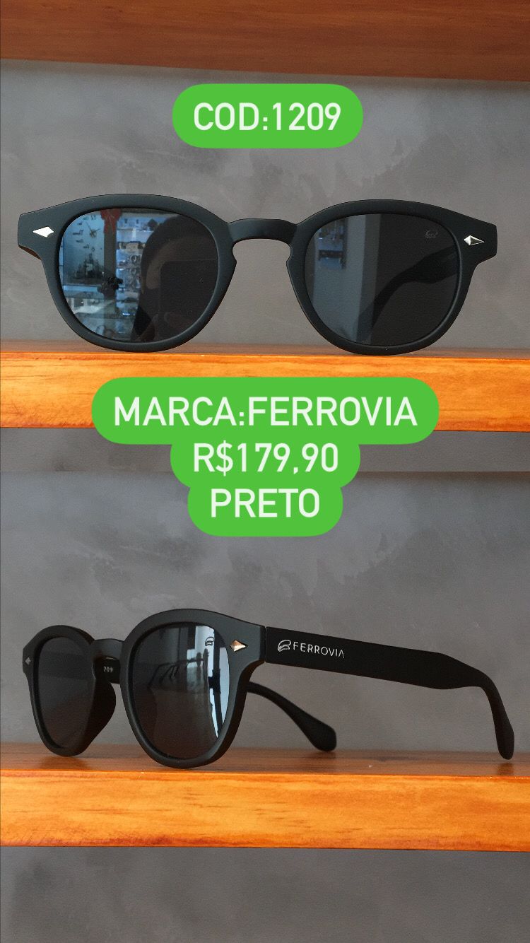 Óculos de Sol Ferrovia Feminino Redondo Preto Com Lente Preta Acetato 1209