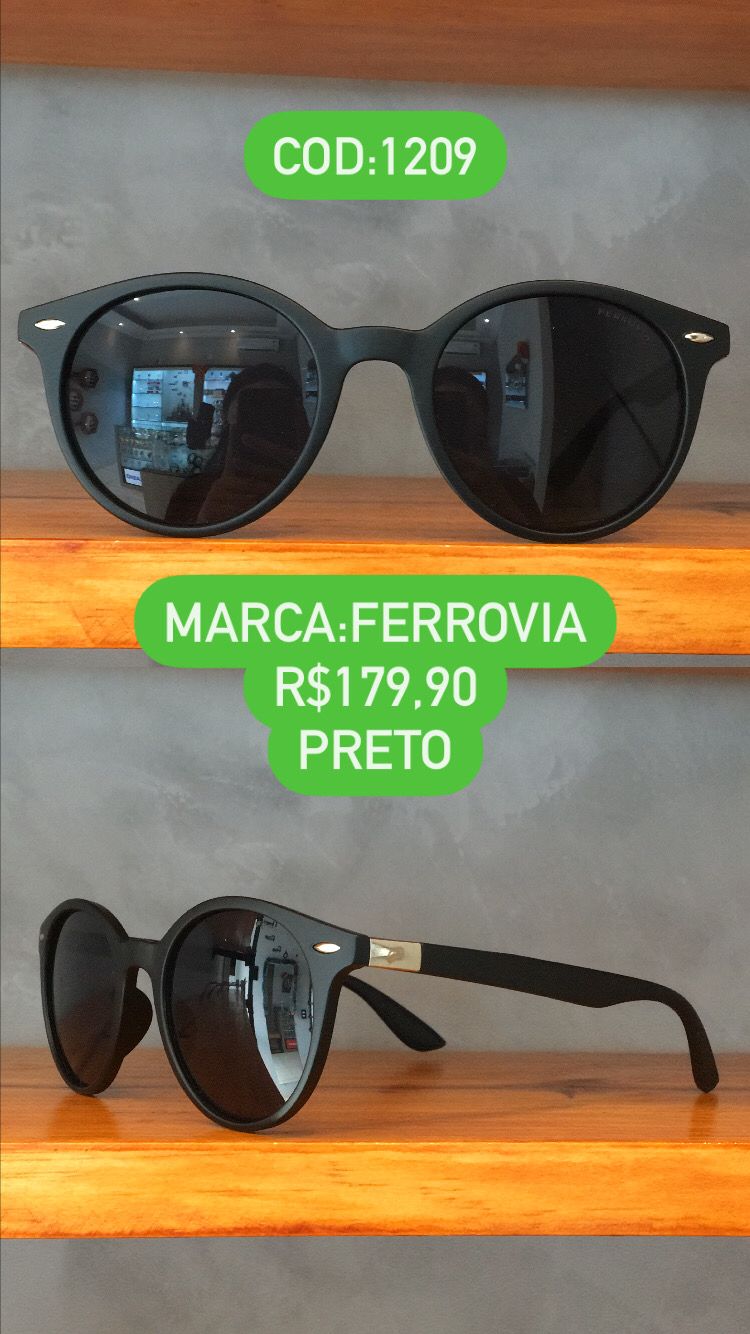 Óculos de Sol Feminino Redondo Preto Com Lente Preta Ferrovia - 1209