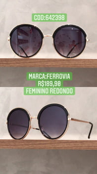 Óculos de Sol Feminino Redondo Preto e Rosê com Lente Preta Metal Ferrovia 642398
