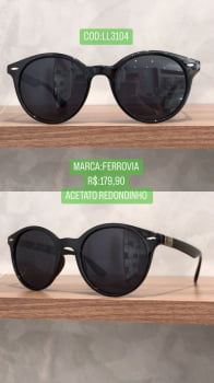 Óculos De Sol Ferrovia Feminino Redondo Preto Esmaltado Acetato - 1209