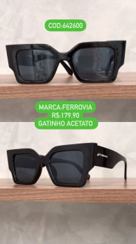 Óculos de Sol Ferrovia Feminino Retrô Gatinho em Acetato Preto 642600