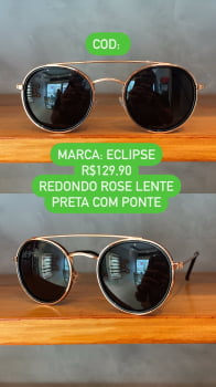 Óculos de Sol Feminino Redondo Rose Lente Preta Com Ponte Metal Eclipse UV400
