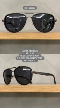 Óculos de Sol Ferrovia Aviador Chumbo com Ponte Alta Lente Preta Polarizada em Metal 580538