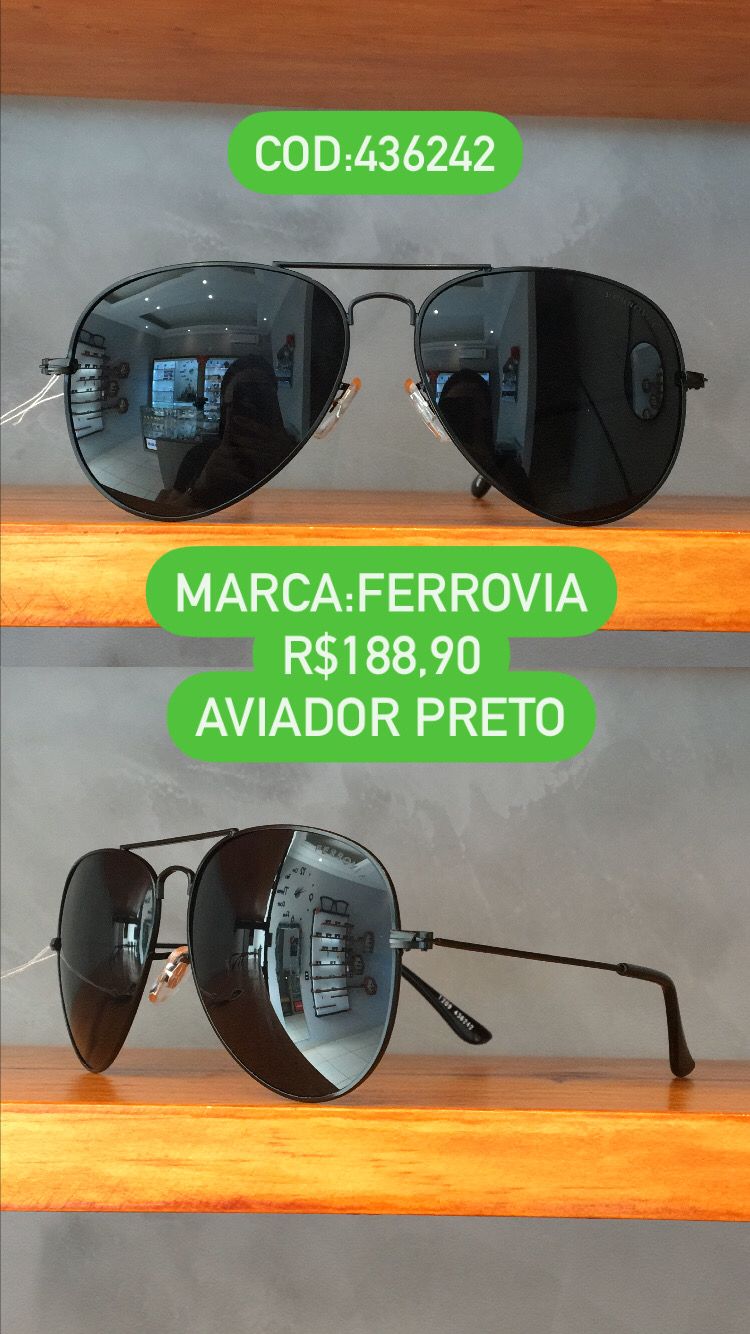 Óculos de Sol Ferrovia Preto Esmaltado Aviador Retrô com Lente Preta e Ponte Alta Metal 283833_
