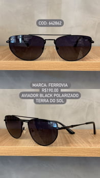 Óculos de Sol Ferrovia Aviador Preto com Lente Preta e Ponte Alta Terra do Sol Polarizado em Metal 642862