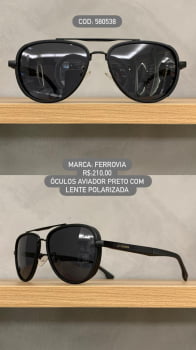 Óculos de Sol Ferrovia Aviador Preto Fosco com Ponte Alta Lente Preta Polarizada em Metal 580538