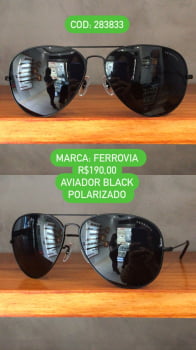 Óculos De Sol Ferrovia Preto Aviador Metal com Ponte Alta Lente Preta Polarizado 283833