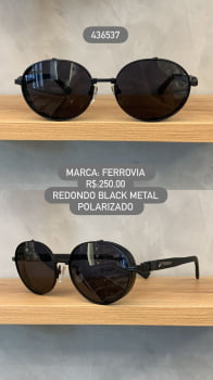 Óculos de Sol Ferrovia Black Redondo com Lente Preta polarizado em Metal e Acetato 436537 Óculos de Sol Ferrovia Black Redondo com Lente Preta polarizado em Metal e Acetato 436537