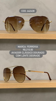 Óculos de Sol Ferrovia Dourado Aviador com Ponte Alta Lente Degrade Marrom Metal 642438