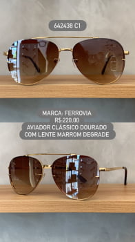 Óculos de Sol Ferrovia Dourado Aviador com Ponte Alta Lente Degrade Marrom Metal 642438 C1