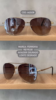 Óculos de Sol Ferrovia Dourado Aviador com Ponte Alta Lente Degrade Metal 642438