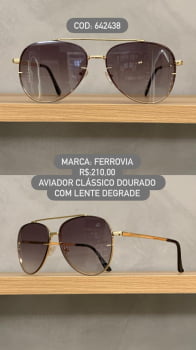 Óculos de Sol Ferrovia Dourado Aviador Metal com Ponte Alta e Lente Degrade 642438