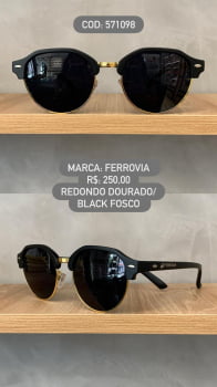 Óculos de Sol Ferrovia Dourado e Preto Fosco Redondo Lente Preta Acetato e Metal 571098