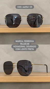 Óculos de Sol Ferrovia Dourado Hexagonal Lente Preta em Metal 642541 C5