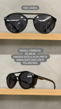 Óculos de Sol Ferrovia Estilo Alok Preto Esmaltado com Lente Polarizada em Acetato 436524
