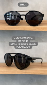 Óculos de Sol Ferrovia Estilo Alok Preto Esmaltado com Lente Polarizada em Acetato 436524 Óculos de Sol Ferrovia Estilo Alok Preto Esmaltado com Lente Polarizada em Acetato 436524