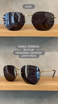 Óculos de Sol Ferrovia Dourado Hexagonal Lente Preta em Metal 642541 Óculos de Sol Ferrovia Dourado Hexagonal Lente Preta em Metal 642541