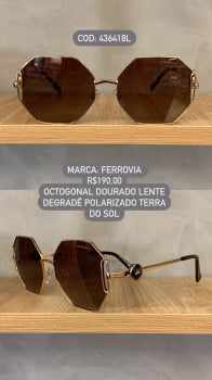 Óculos de Sol Ferrovia Feminino Dourado Octogonal com Lente Degrade Terra do Sol Polarizado em Metal 436418L