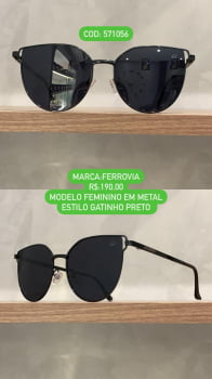 Óculos de Sol Ferrovia Feminino Estilo Gatinho em Metal Lente Preta 571056