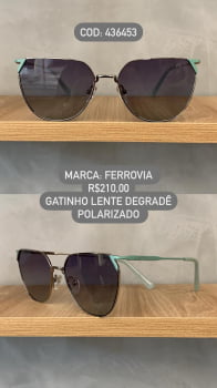 Óculos de Sol Ferrovia Feminino Gatinho Prateado e Verde Lente Degrade Polarizada em Metal 436453
