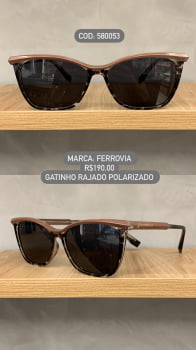 Óculos de Sol Ferrovia Feminino Gatinho Rajado em Acetato Lente Preta Polarizado 580053