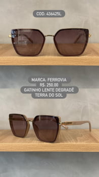 Óculos de Sol Ferrovia Feminino Gatinho Rosa e Dourado em Acetato Lente Degradê Terra do Sol 436425L