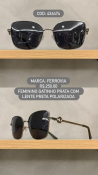 Óculos de Sol Ferrovia Feminino Prata Gatinho com Lente Preta polarizado em Metal 436474