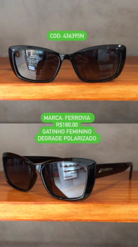 Óculos de Sol Ferrovia Feminino Preto Esmaltado Gatinho Lente Degrade Acetato Polarizado 436395N 