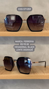 Óculos de Sol Ferrovia Feminino Preto com Rose Hexagonal Lente Degrade em Metal 571059