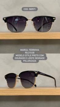 Óculos de Sol Ferrovia Feminino Preto Esmaltado com Dourado Metal e Acetato Lente Degrade Polarizada 580571 Óculos de Sol Ferrovia Feminino Preto Esmaltado com Dourado Metal e Acetato Lente Degrade Polarizada 580571