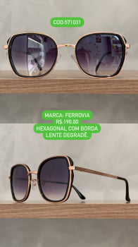 Óculos de sol Ferrovia Feminino Preto Esmaltado com Rose Hexagonal com Borda Metal 571031