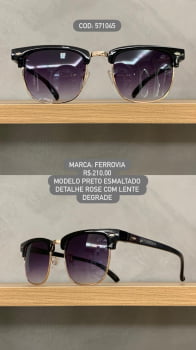 Óculos de Sol Ferrovia Feminino Preto Esmaltado detalhes no Rosé Redondo Metal e Acetato Lente Degrade 571045 Óculos de Sol Ferrovia Feminino Preto Esmaltado detalhes no Rosé Redondo Metal e Acetato Lente Degrade 571045