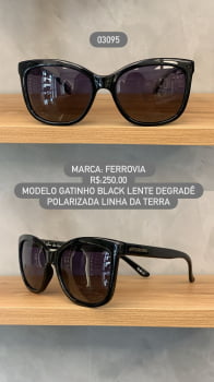 Óculos de Sol Ferrovia Feminino Preto Esmaltado Gatinho com Lente Degrade Polarizado Linha da Terra Feito á Mão 03095 