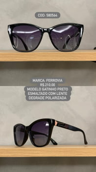 Óculos de Sol Ferrovia Feminino Preto Esmaltado Gatinho com Lente Preta Degrade Polarizadas em Acetato 580564 Óculos de Sol Ferrovia Feminino Preto Esmaltado Gatinho com Lente Preta Degrade Polarizadas em Acetato 580564